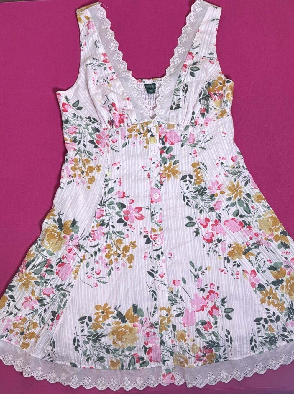 Wild Fable Floral Lace Trim Button Front Mini Dress Size M Boho Summer Style